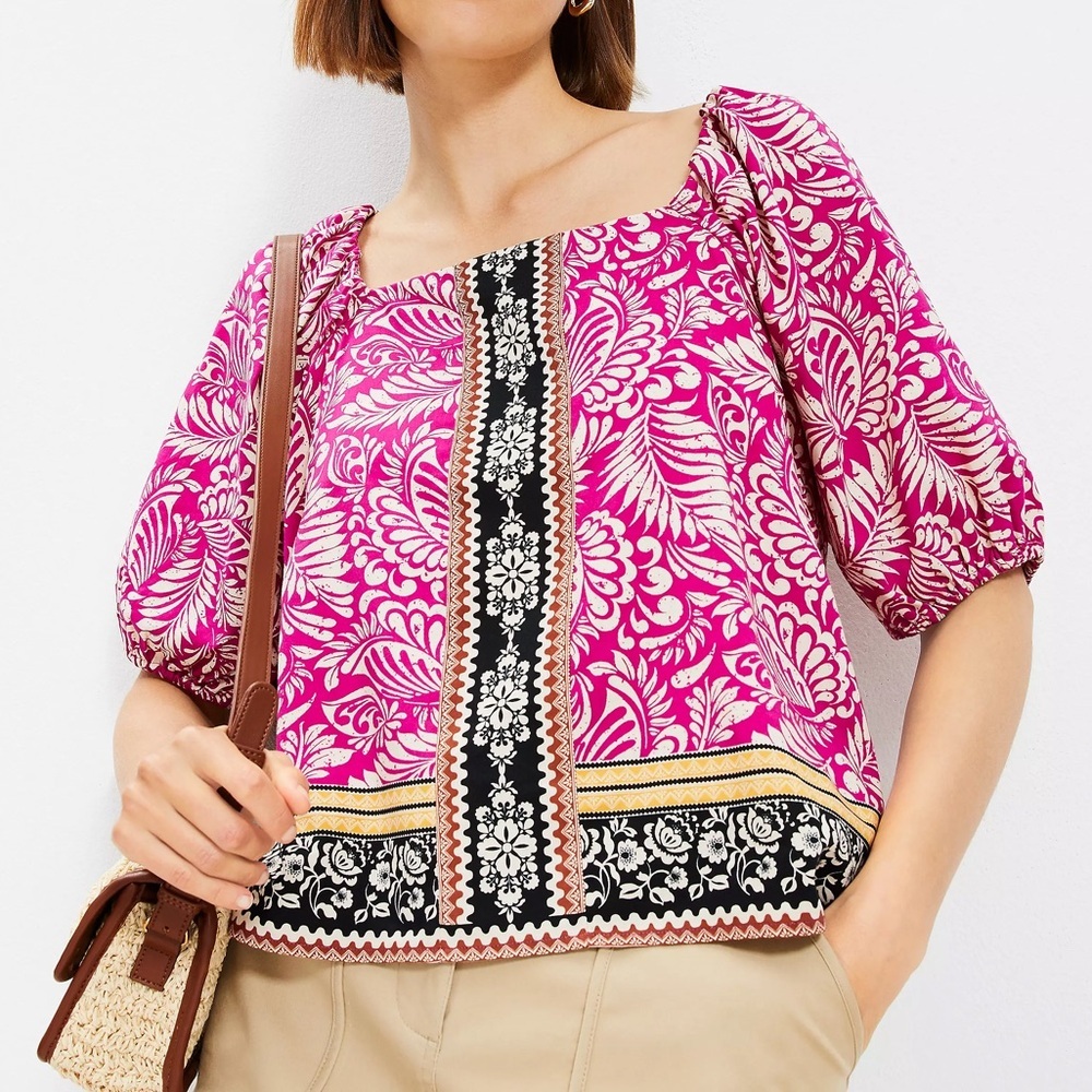 Loft Palm Bubble Sleeve Square Neck Blouse Magenta Sunset Size Medium New NWT